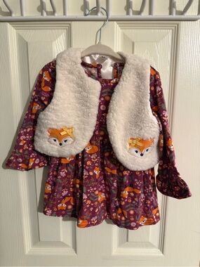 Girls Fox Print Dress with Cream Sherpa Vest